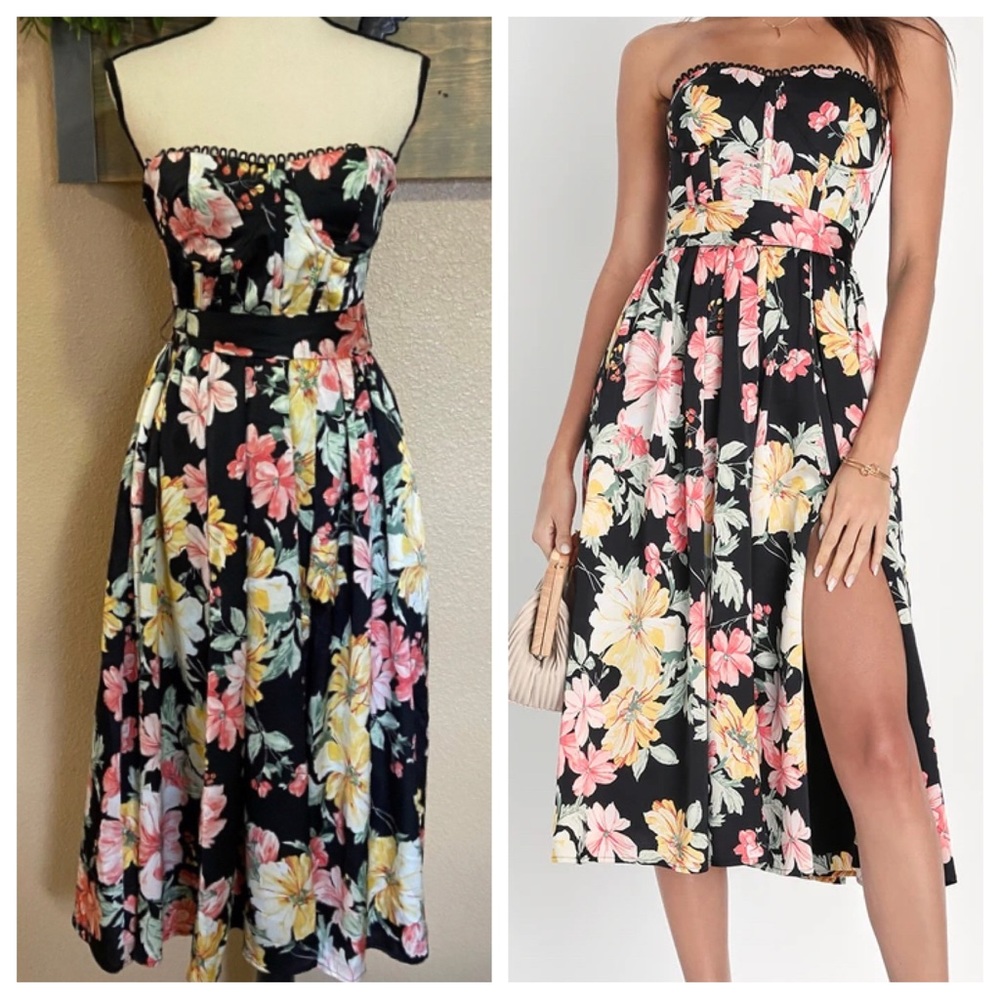 NWOT Lulus Symphony Black Floral Satin Strapless Bustier Dress